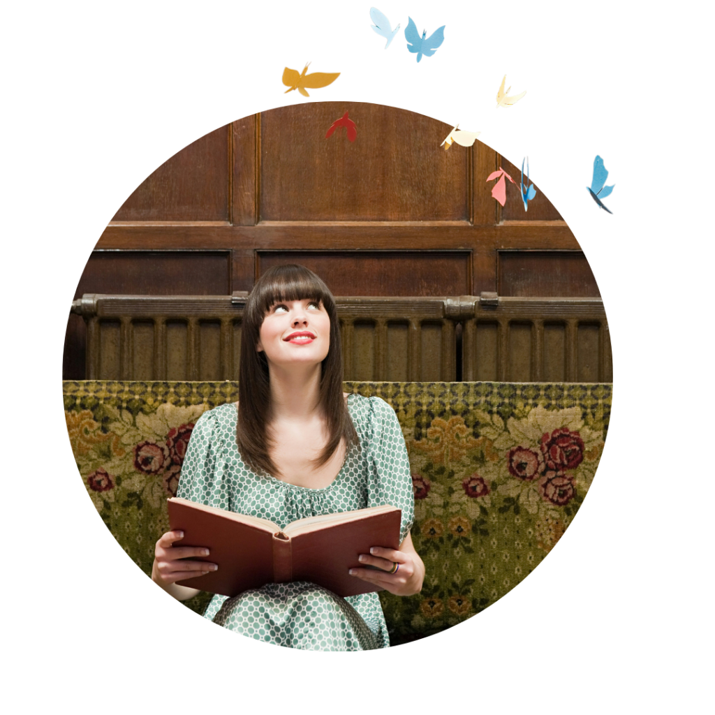Boost Your SEO Pricing - A person reading a book, looking up at some butterflies. the image is cut into a circle